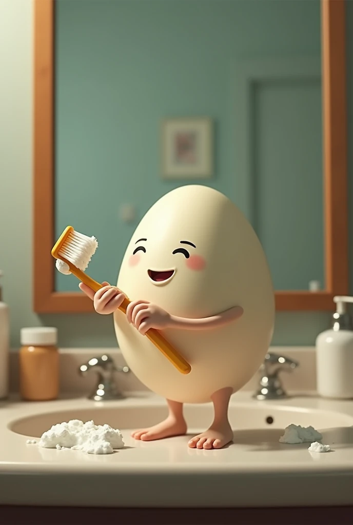 An egg in the bathroom,  using a toothbrush .  There may be a large mirror and some toiletries on the counter.