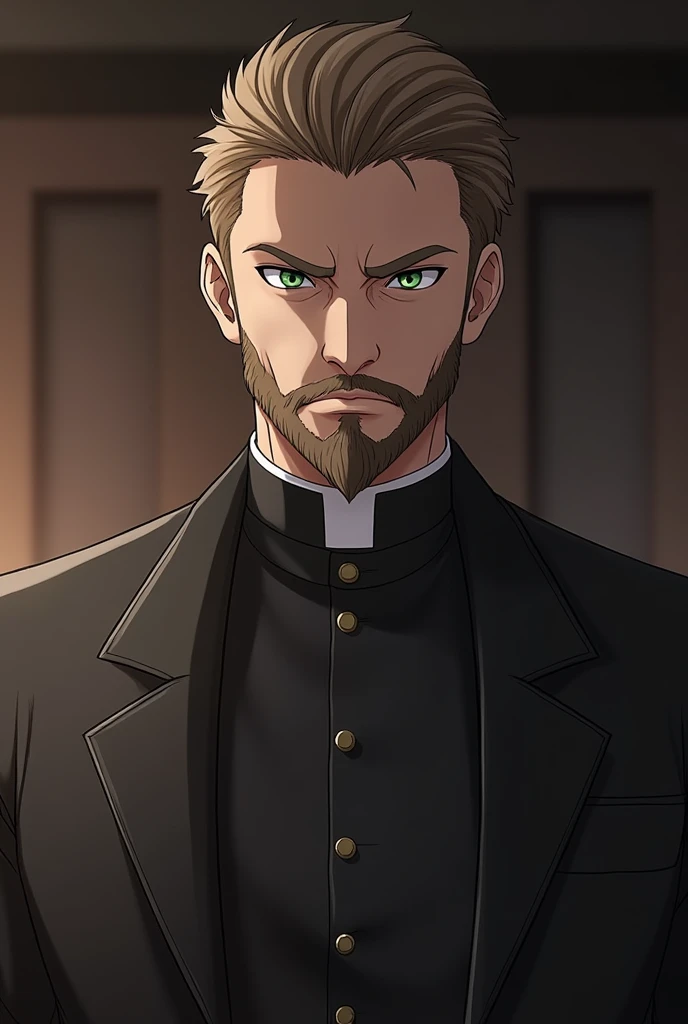 priest, 27-year-old male ,  green eyes,  short hair,  hair combed backwards,  light brown hair, semi-long beard ,  dark brown beard ,  anime style, facial expression frown, antagonist