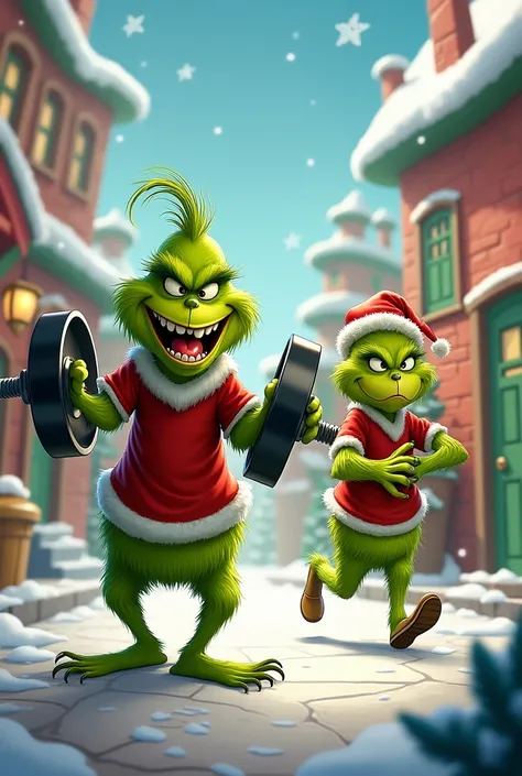 
a grinning, clothed Grinch lifting weights and another Grinch running 