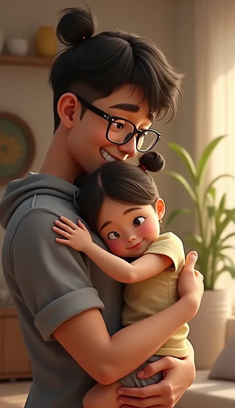 Fit Asian guy with glasses hugs small Caucasian girl