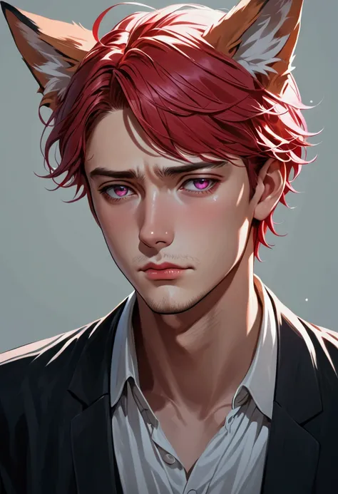 Best quality, masterpiece, solo, 1boy, handsome, red hair, pink eyes, fox ears on head, sad expression, simple outfit.