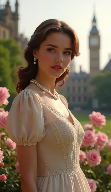 A poised woman in her late 30s with a fair complexion, soft curls in her chestnut-brown hair, and an elegant demeanor, representing the United Kingdom. She is dressed in a classic tea-length dress with lace accents and a pearl necklace. The background feat...