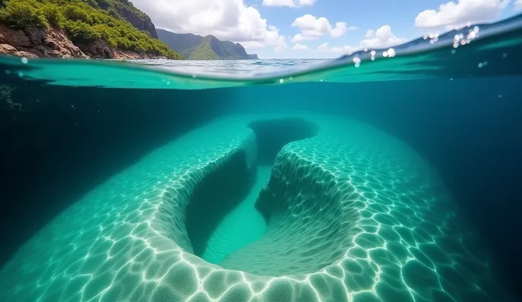 The Underwater Waterfall:
Off the coast of Mauritius, theres a mesmerizing optical illusion that looks like an underwater waterfall. This stunning sight is actually caused by sand and silt being swept out to sea, creating the appearance of a cascading wate...