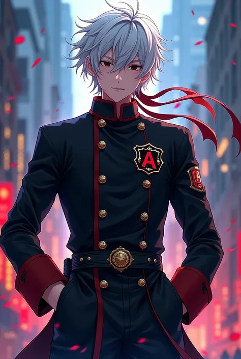 Anime, novel cover, beautiful, majestic, divine, teenager, angry buy tries to stay calm, male, black eyes, white hair, tall, hands in pockets, all black school student uniform with red accents, D.A englishmonogram on uniform, aura, martial arts, colourful,...