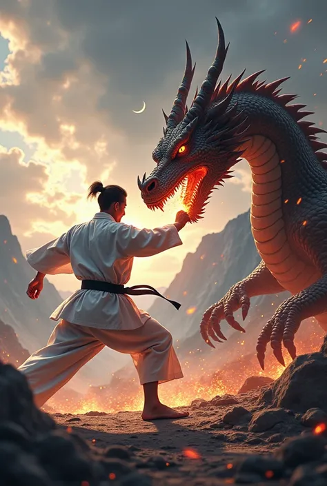 Create a Karate fighter fighting with a dragon 
