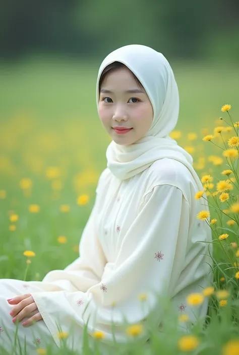 A beautiful Korean Muslim woman wearing a white hijab wearing a white dress with a small floral pattern is sitting in a meadow with small yellow flowers beside her. Eyes and face looking at the camera