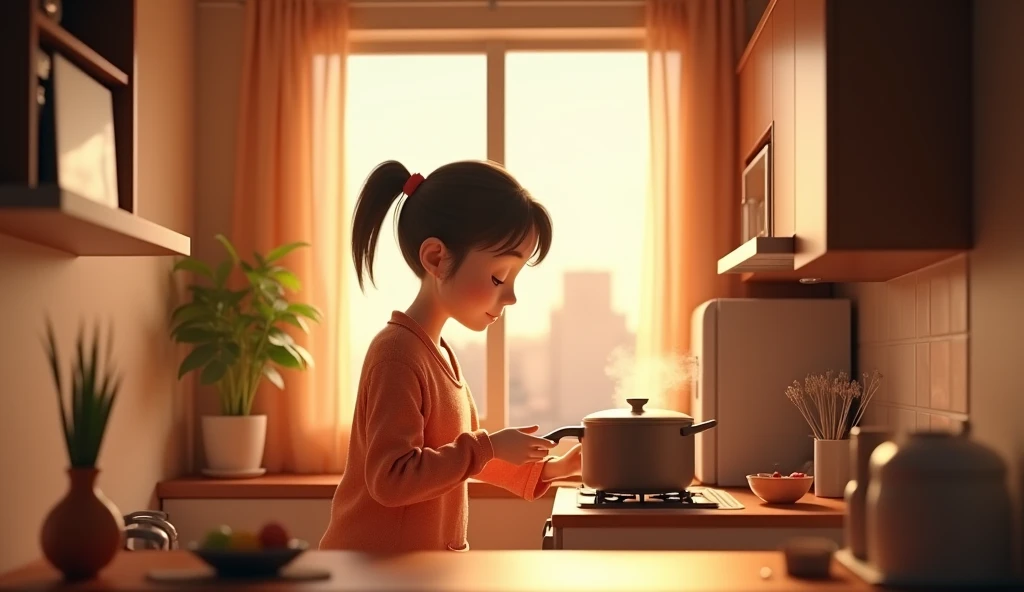  3D animation style Li Weis life

Li Wei cooks dinner in her cozy little apartment， The kitchen is clean and orderly ， The pot on the fire is steaming hot ，She wears comfortable house clothes， There is a quiet view of the city from the window ，The kitchen ...