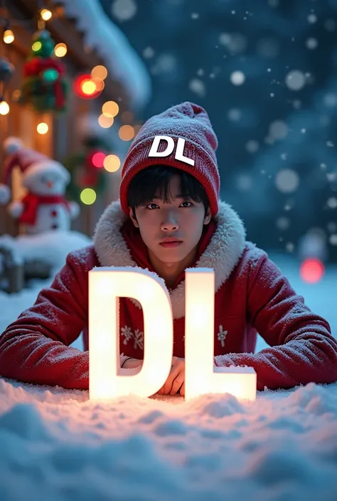 displays full HD high resolution, Produce an image with cool letters "DL" wearing a Christmas hat, behind the letters you can see a handsome man with a Korean face, short hair, wearing Christmas clothes and a beanie hat with a white DL logo, covering all t...