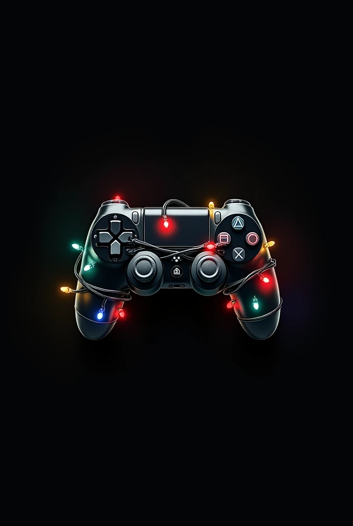 Black long sleeve t-shirt with a PlayStation controller wrapped in a series of Christmas lights 

