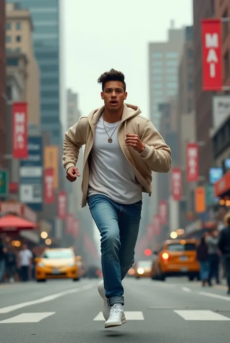 A rich teenage man wearing a white shirt under round neck beige colour sweatshirt running in the new york city wearing blue jeans and wearing adidas white sneakers 