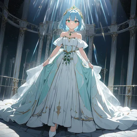 Highest quality、Light blue hair、Short Bob、Deep green eyes,20 years old,small breast,A completely dark stage 、Only the spotlight shines on her、 a dress that looks like a white celestial maiden、 white high heels 、Anxious face、standing