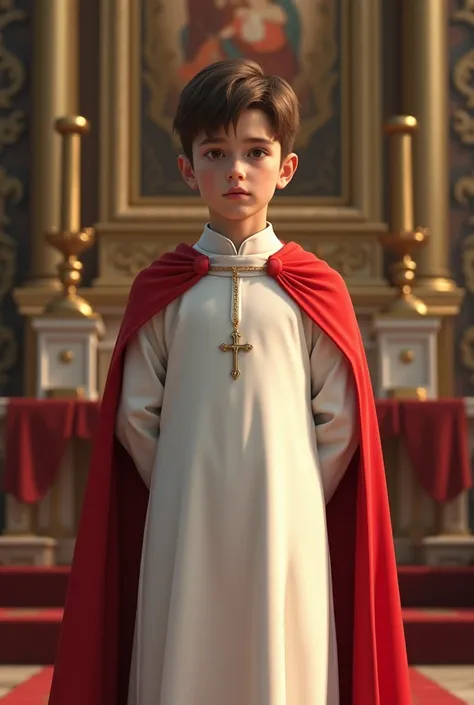 Altar boy: 15-year-old boy wearing white tunic ,  short cape that covers only up to the elbows in red and a small cross on his chest