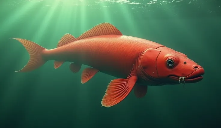 A long red lungfish swims around in the water，Pure green background