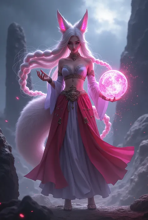 Personaje AHRI League of Legends, masterpiece, best quality, IncrsAhri, braid, fox tail, multiple tails, korean clothes, skirt, (EnergyVeins:1.4), glowing, energy, Energy ball, STANCE, evil smile,background large stones apocalyptic, AWPortraitWW 1.1, AWPor...