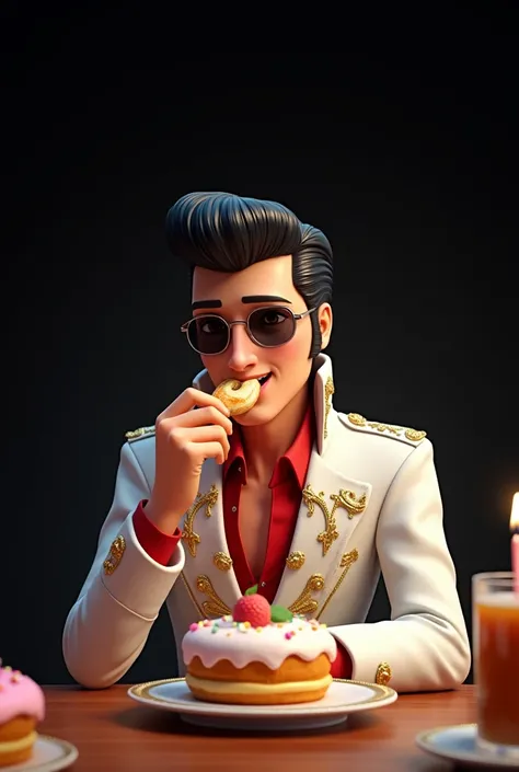  Elvis Presley with his white jacket with threads hanging from his arms and with lenses, eating a cake ,  all animated on a black background for an advertisement for a donut business