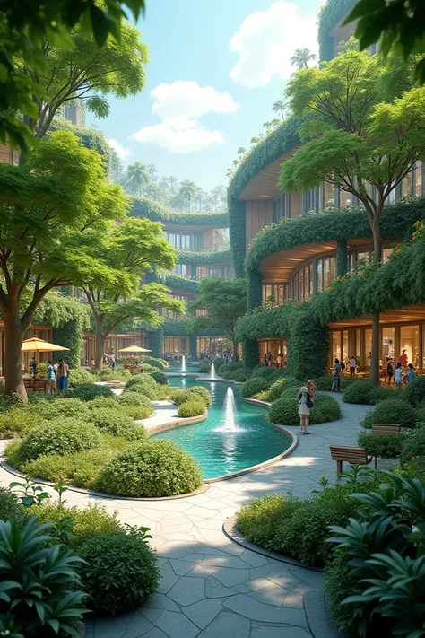 Create a mall surrounded by lots of greenery