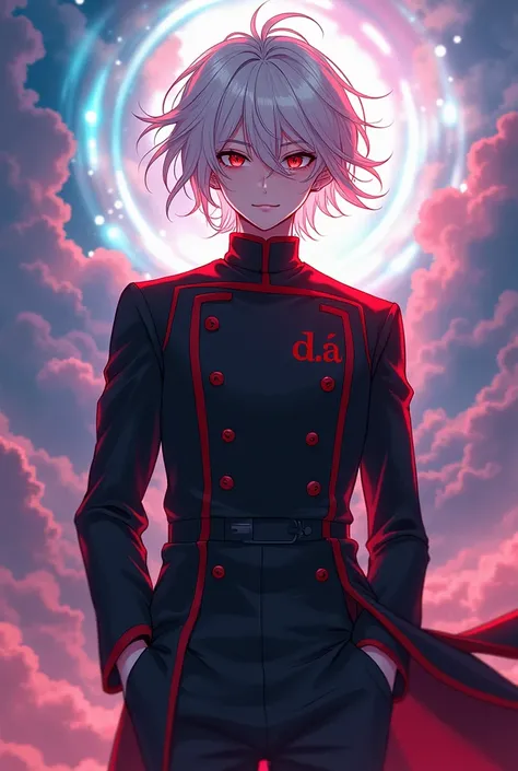 Anime, novel cover, beautiful, majestic, divine, teenager, angry buy tries to stay calm, male, black eyes, white hair, tall, hands in pockets, all black school student uniform with red accents, "D.A" monogram on uniform, aura, martial arts, colourful, 