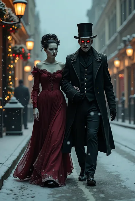 ((night)) BREAK ((1woman) bride of Frankenstein, (very pale eyes), angular face, deathly pale skin, dark hair in a bun) BREAK in burgundy Victorian dress and burgundy top hat, BREAK, walking side-by-side with, BREAK (1man) satanic face ((red eyes)), cleans...