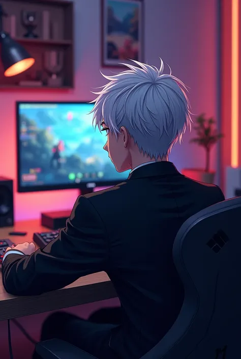 (photorealism:9.16) Create an illustration of a gaming room With a white haired man in a black suit playing a game Make it like anime and the person is young and the camera is from behind And make him live stream