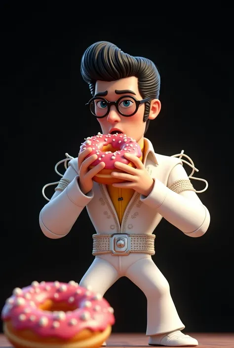  Elvis Presley with his white jacket with threads hanging from his arms and with lenses, Eating a donut,  all animated on a black background for an advertisement for a donut business