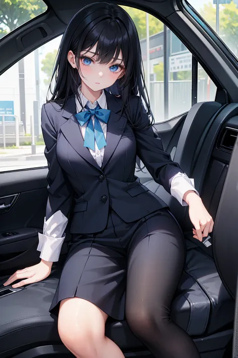 High school students   ， already, Black Hair ， With warm blue eyes   ， Wore a brand new blue suit and black heels ，  Pure white collar and bright green bow  。 has long Black Hair and warm blue eyes ， Lean back in the car seat ，  Pose Alluring , open your l...