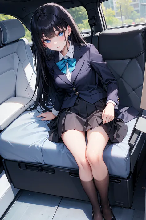 High school students   ， already, Black Hair ， With warm blue eyes   ， Wore a brand new blue suit and black heels ，  Pure white collar and bright green bow  。 has long Black Hair and warm blue eyes ， Lean back in the car seat ，  Pose Alluring , open your l...