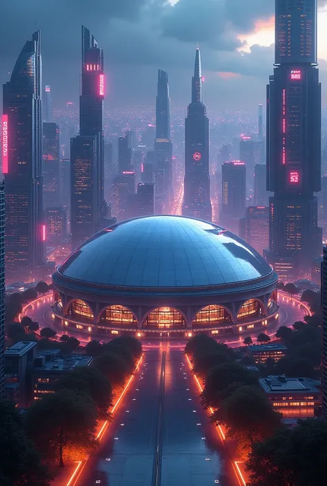 Hyperrealistic image of a huge round-shaped concert hall amidst neon Korean skyscrapers.