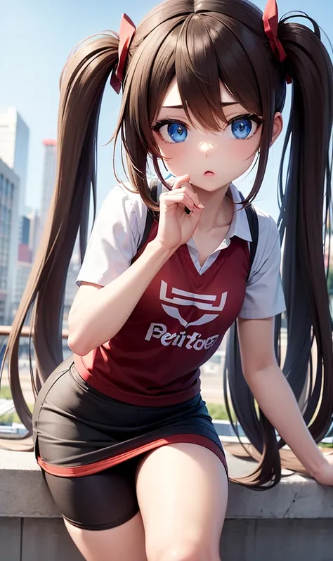 pokemonpode, pokemonpode,  Blue Eyes,  brown hair , bandana,  long hair, red stripe, twintails,  hair between her eyes , ( small breasts:1.2),
to break bike shorts, collared shirt, shezfe , microskirt, multicolored shirt, pencil skirt, red shirt, shirt,  s...