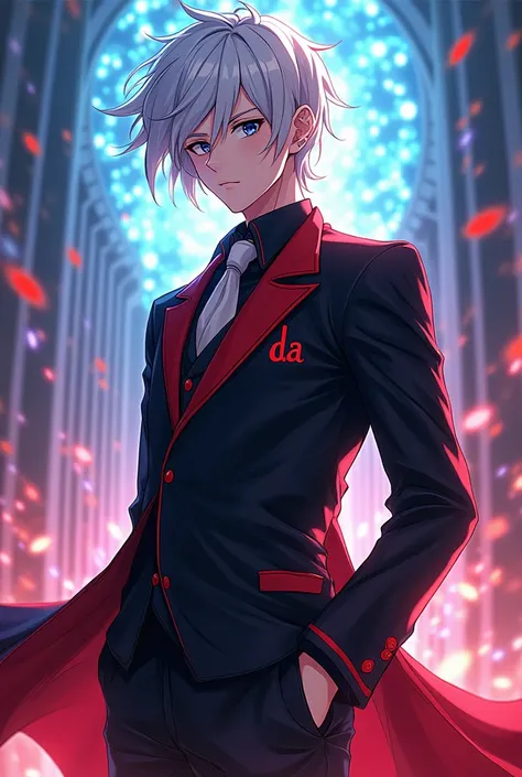 Anime, novel cover, beautiful, majestic, divine, teenager, angry buy tries to stay calm, male, black eyes, white hair, tall, hands in pockets, all black school student uniform with red accents, "D.A" monogram on uniform, aura, martial arts, colourful, 