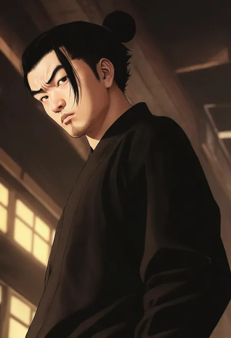 Realistic, asian guy with bun hair, looks mad