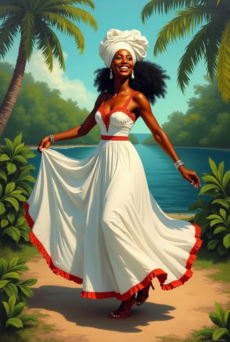 a black Bahian woman ,  cheerful and dressed in a long bulky white dress ,  with red details around her neck and hem .  She wears a white turban on her head and seems to be dancing or moving actively.  Next to her there is an attack .  The background shows...