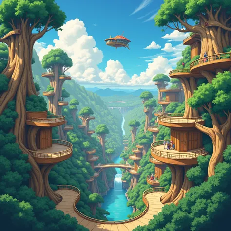 Wooden utopia city futuristic wood tree building flying wooden vehicles anime landscape Anime Style, Cinematic, Ghibli-like Colors, 