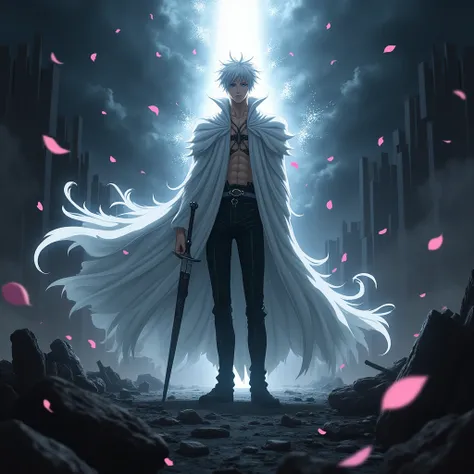 "Amid the ruins of Soul Society, Aizen, in his final transformation, stands facing the camera. His shattered blade rests at his side, and faint cracks run through his otherworldly form. The ethereal light of the battlefield casts a dramatic glow, highlight...