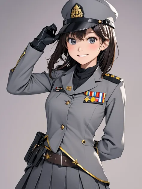 masterpiece、 high definition 、1 Girl、(solo))、whole body、woman、 light smile 、blush、Mid-chest、Lost weight、 real、20s、Medium full 、 gray Earth Federation military uniform、Wear a gray hat、 gloves、Troop Emblem 、 wear rank badges on both collars 、Medals、 Mini Ski...