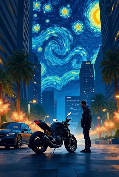  1 phone wallpaper ,  road ,  big block moto , night ,  in the style of starrynight paintings by vangoh ,  the moto is a ducati v4 seen from behind a bit to the right ,  luxury buildings ,  leaves the flowers just like that but the whole city is gone. Not ...