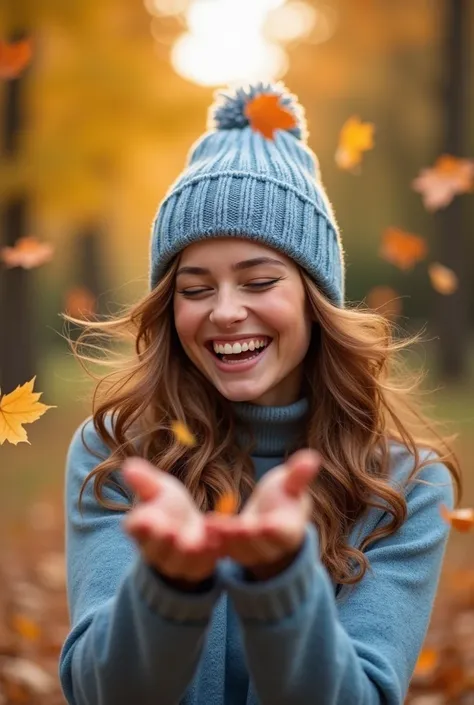 woman scattering, dynamic pose, laughing, shutterstock, long curls, wearing knitted blue hat, blue sweater, chloe grace moretz, anna nikonova, smiling for photo, sweater, detailed with high quality, beautiful autumn, happiness on face, long hair, autumn, i...