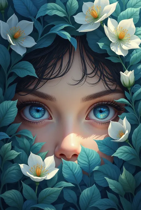 a beautiful blue eyes painting , background is garden , eye shines 