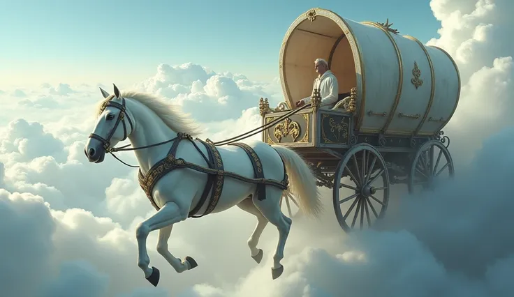 The white-headed horse is pulling a very big wagon、Above the Clouds