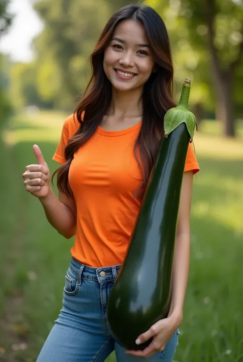  Beauty asian woman wearing tight Orange t-shirt, sexy Jeans ,   looks sexy body shape , slim, big chest,   right hand Holding big Long Green Eggplant ,  left hand thumbs up 
Standing at beautie lanscape