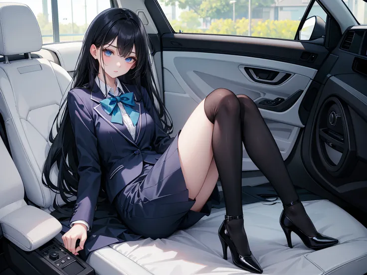 High school students   ， already, Black Hair ， With warm blue eyes   ， Wore a brand new blue suit and black heels ，  Pure white collar and bright green bow  。 has long Black Hair and warm blue eyes ， Lean back in the car seat ，  Pose Alluring , open your l...