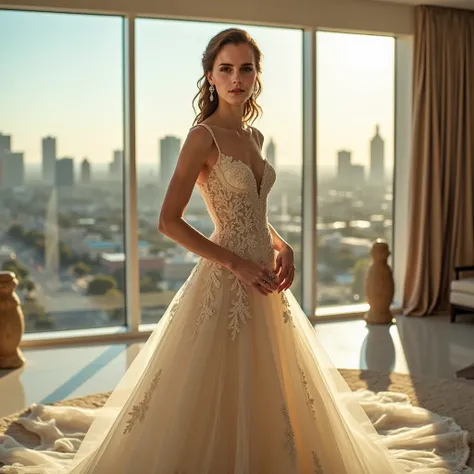 portrait of Emma Watson with bride clothes in a luxuous apartment with glass walls, in the background a landscape of Los Angeles, at day