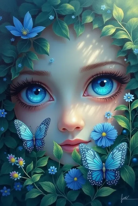 a beautiful blue eyes painting , background is garden , eye shines  , butterfly  small shines