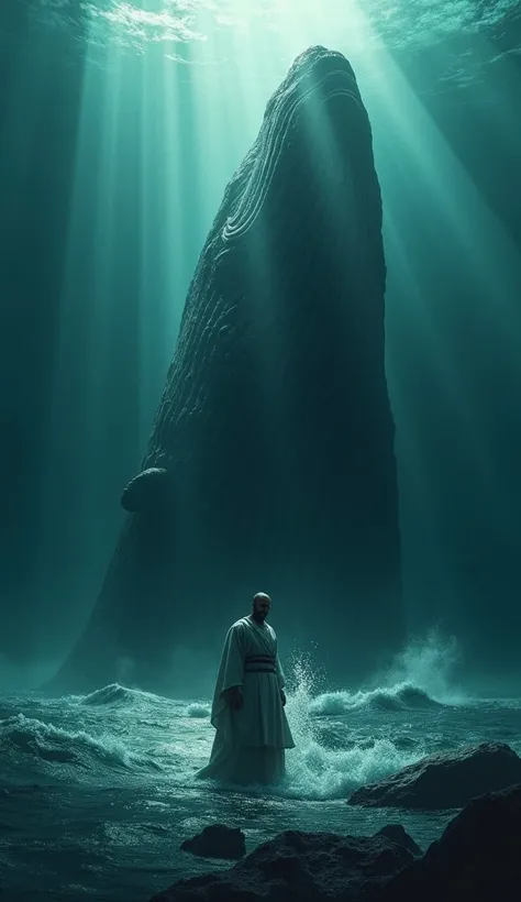 Heres a descriptive idea for the scene featuring a whale swallowing Prophet Yunus (Jonah):

Scene Description:
In the depths of a vast and mysterious ocean, a massive whale emerges from the shadows. The whale, with its enormous size and lifelike details, o...