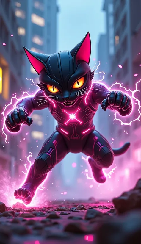 Generate a animated cat flash suit and attacking by hand 