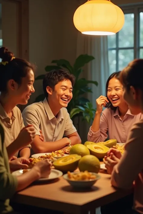 **Scene 11:** A wide shot of the two brothers at home, laughing and enjoying the jackfruit together with their family.  
    - *Details: Warm family moment, everyone happily eating jackfruit