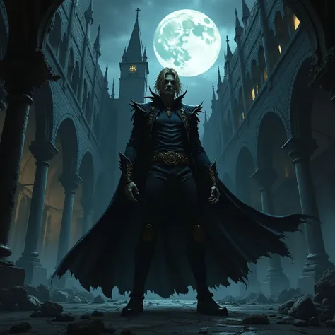 In a crumbling gothic courtyard, Dio stands facing the camera in his imposing pose, his golden Stand, The World, faintly visible in the shadows around him. The eerie moonlight highlights his battle-worn yet defiant expression, as cracks and destruction in ...