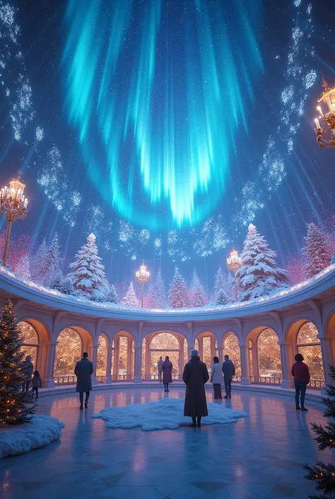 A fusion of holograms and Aurora Diamond Vision, a huge planetarium-like structure that projects beautiful scenery in 360 degrees, Christmas version, masterpiece, best quality, very aesthetic, absurdres, very aesthetic