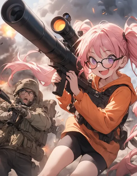 Masterpiece, best quality, high res, 8k, solo, solo focus, 1girl, wearing an orange hoodie, black biker shorts, and military green assault vest, (holding weapon, bazooka:1.2, rocket launcher:1.2), open mouth, wacky face, smile, :d, (pink hair, dark purple ...