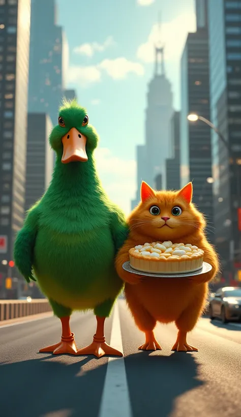 Giant green duck and giant orange cat walking in the middle of a highway while carrying a tart background in the middle of a metropolis realistic 3d Pixar image