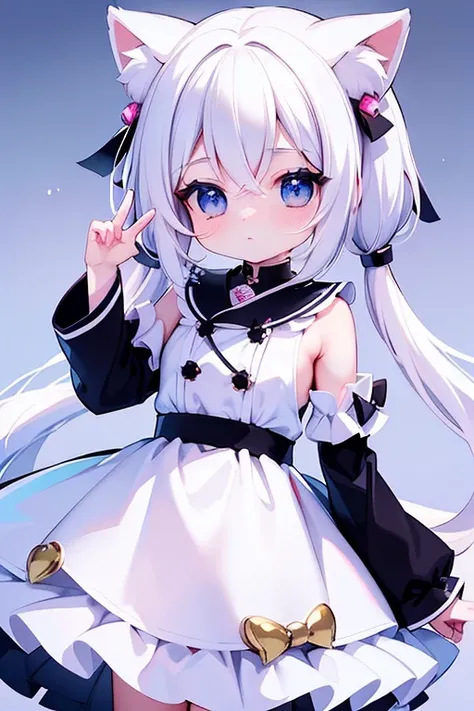 (( top quality)), ((  Masterpiece  )), 1 girl，Baby kitsune， Anime Manga Girl，  Body ，Very short，White hair color，  white skirt ，cat ears，Intense expression